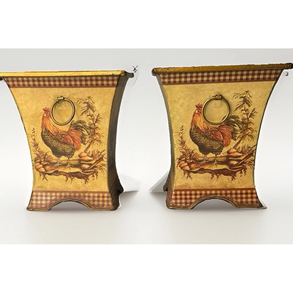 Pair Rooster Metal Cachepot Planters Ring Handles French Country Farmhouse